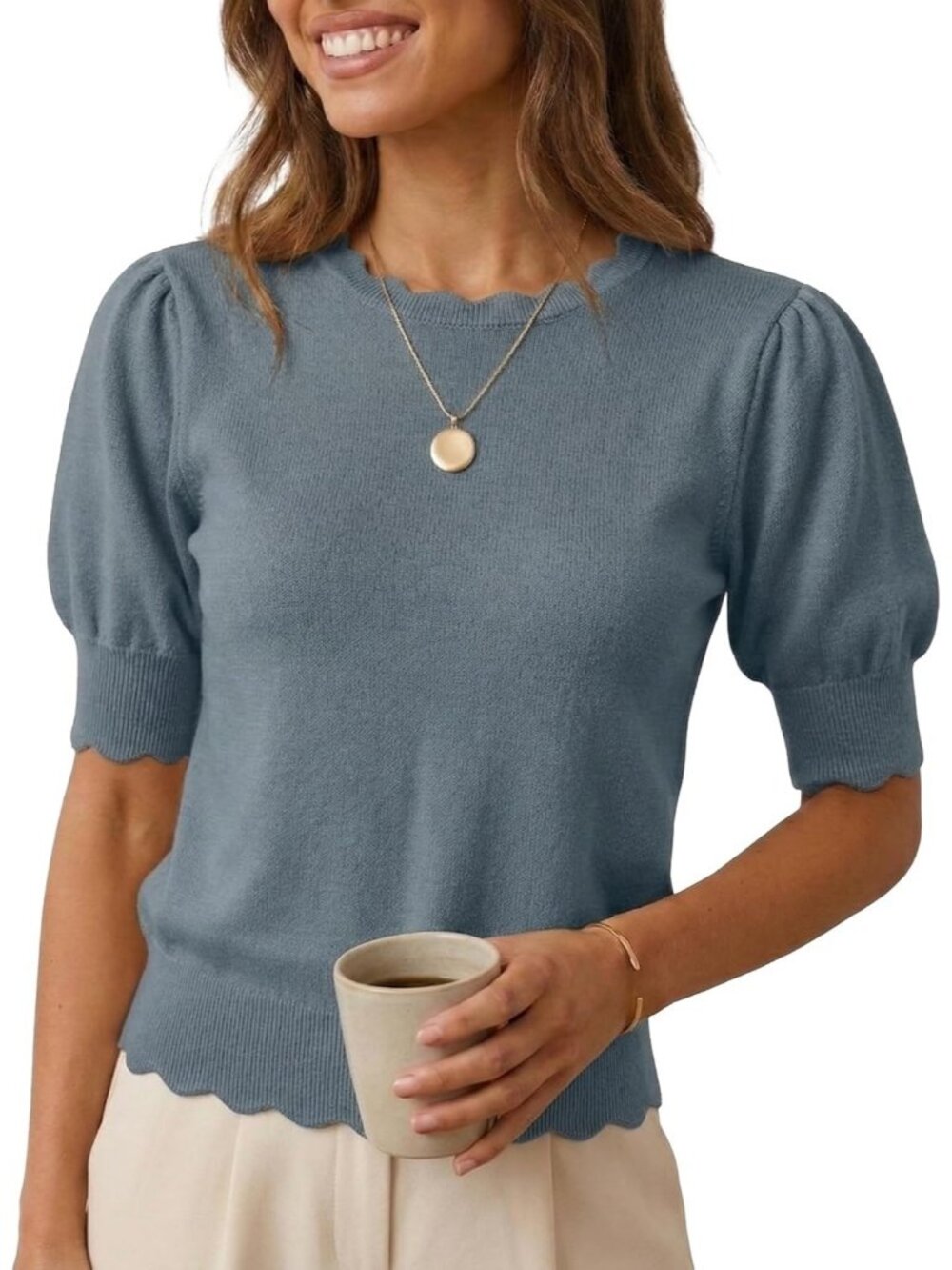 Women's Sky Blue Short Sleeve Crew Neck Pull On Imported Casual Sweater